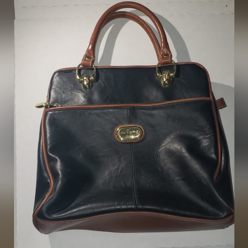 Vintage 1970s 80s Della prima black brown trim leather shoulder bag